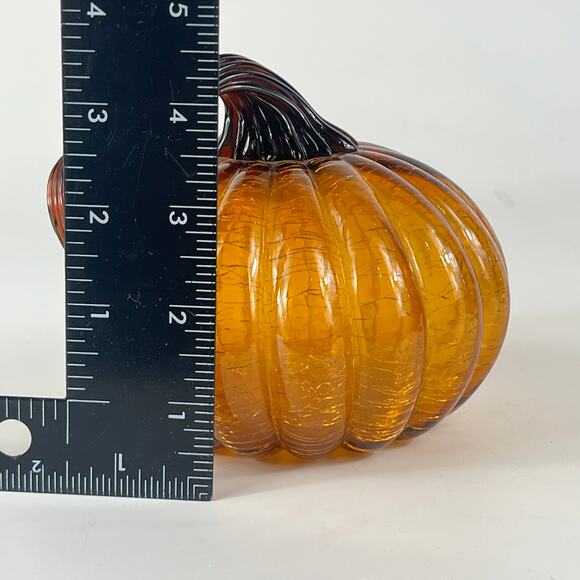 Mouth Blown Amber Art Glass Pumpkin Orange Crackle Curly Stem Handmade Handblown - Picture 7 of 12